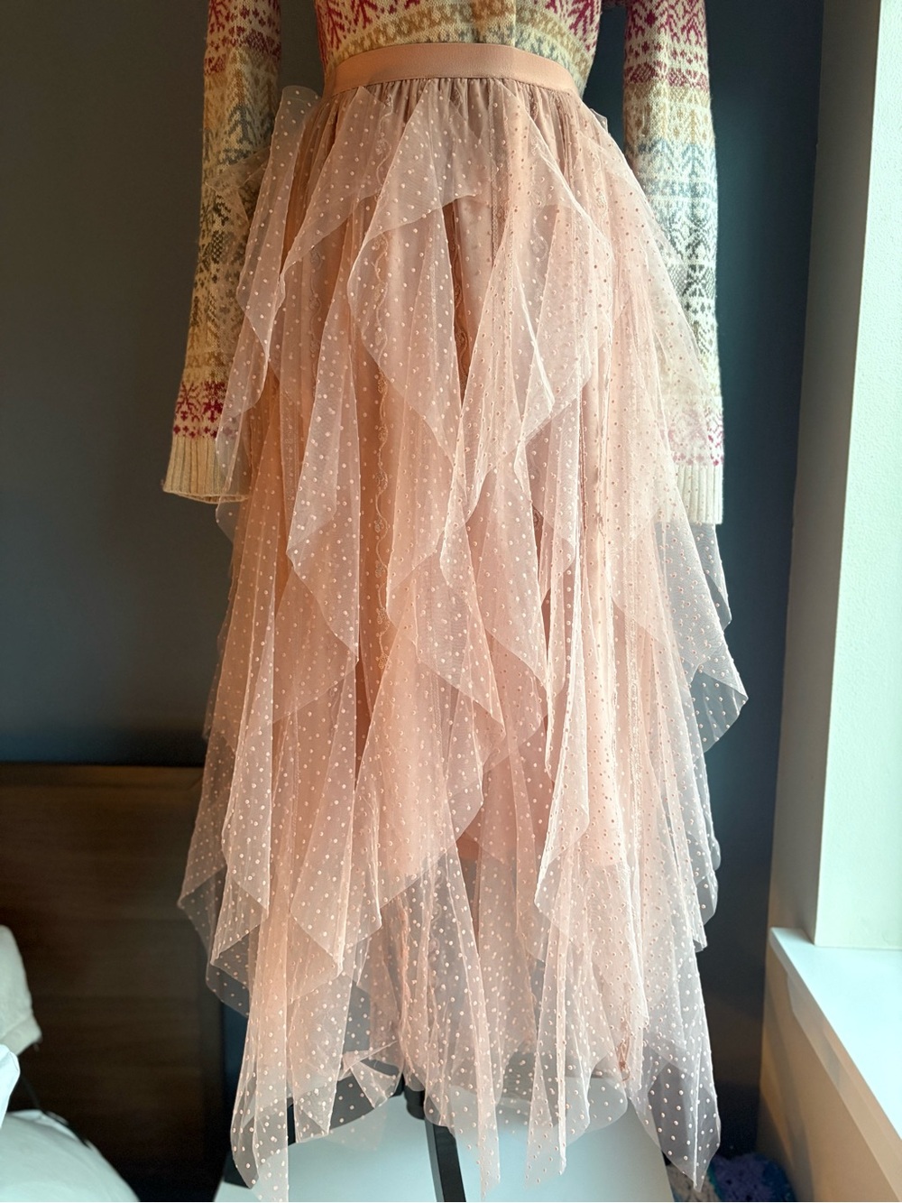 blueb. Women's Pink Ruffled Tulle Maxi Skirt Elastic Waist Swiss Dot Embroidery